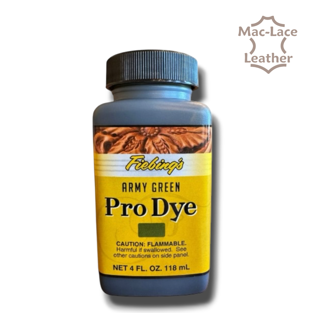Army Green Fiebing’s Pro Dye 180ml premium penetrating leather dye bottle.