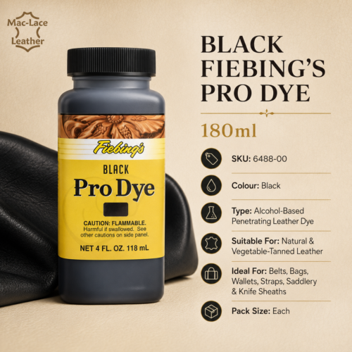 Black Fiebing’s Pro Dye 180ml premium penetrating leather dye bottle.