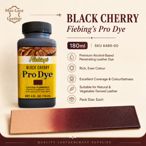 Black Cherry Fiebing’s Pro Dye 180ml premium penetrating leather dye bottle.