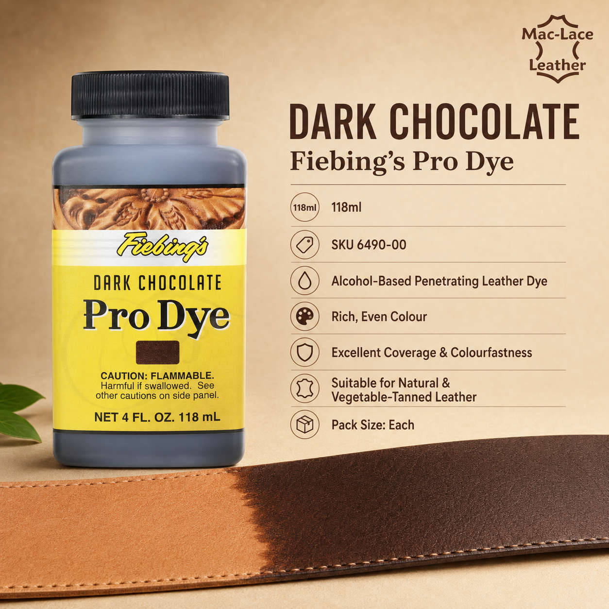Fiebing’s Dark Chocolate Pro Dye 118ml bottle for colouring natural and vegetable-tanned leather.