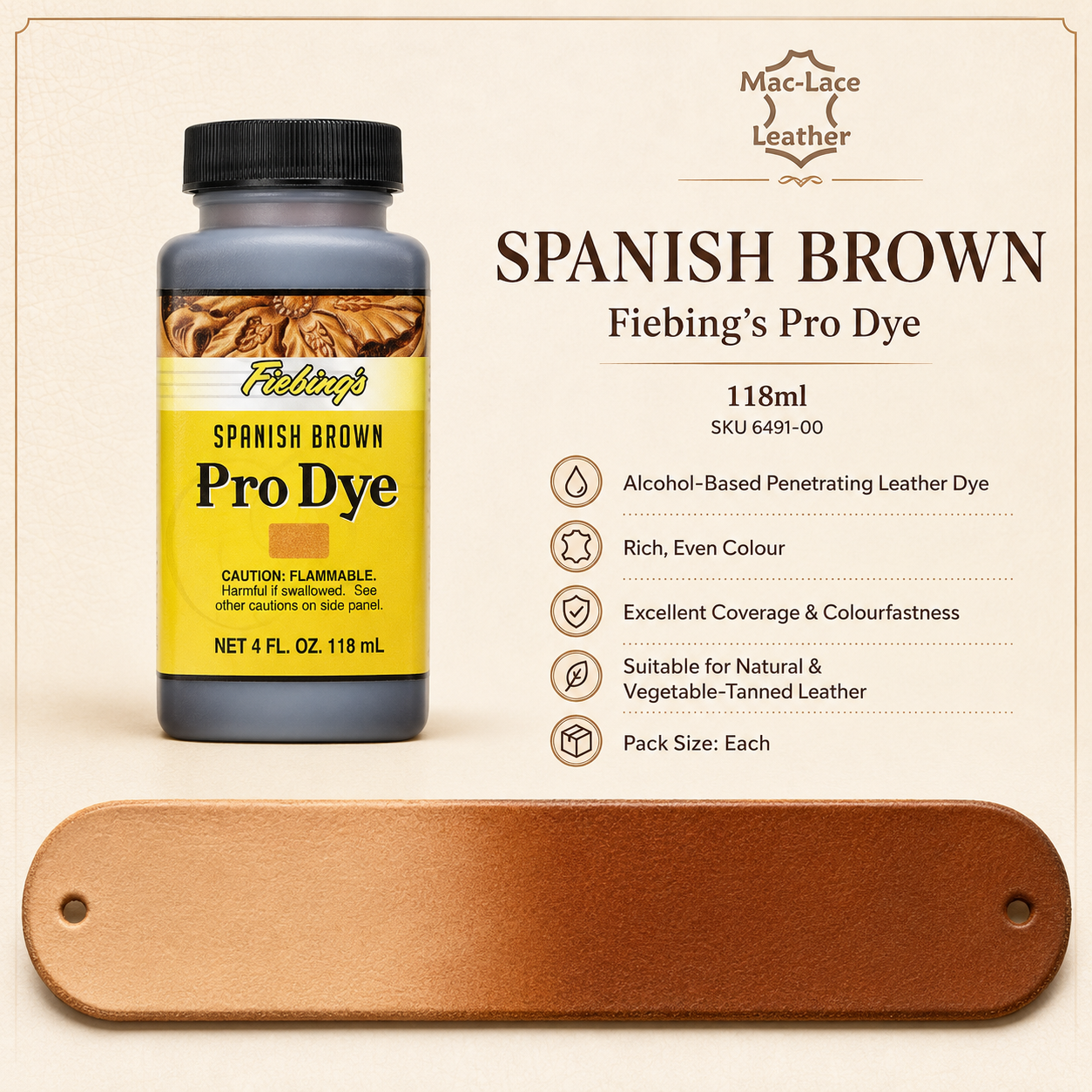 Fiebing’s Spanish Brown Pro Dye 118ml bottle for colouring natural and vegetable-tanned leather.