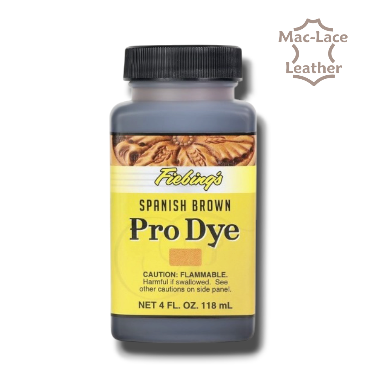 Fiebing’s Spanish Brown Pro Dye 118ml bottle for colouring natural and vegetable-tanned leather.