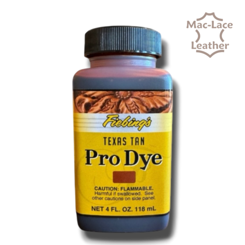 Fiebing’s Texas Tan Pro Dye 118ml bottle with a vegetable-tanned leather swatch showing the warm golden-tan colour finish.
