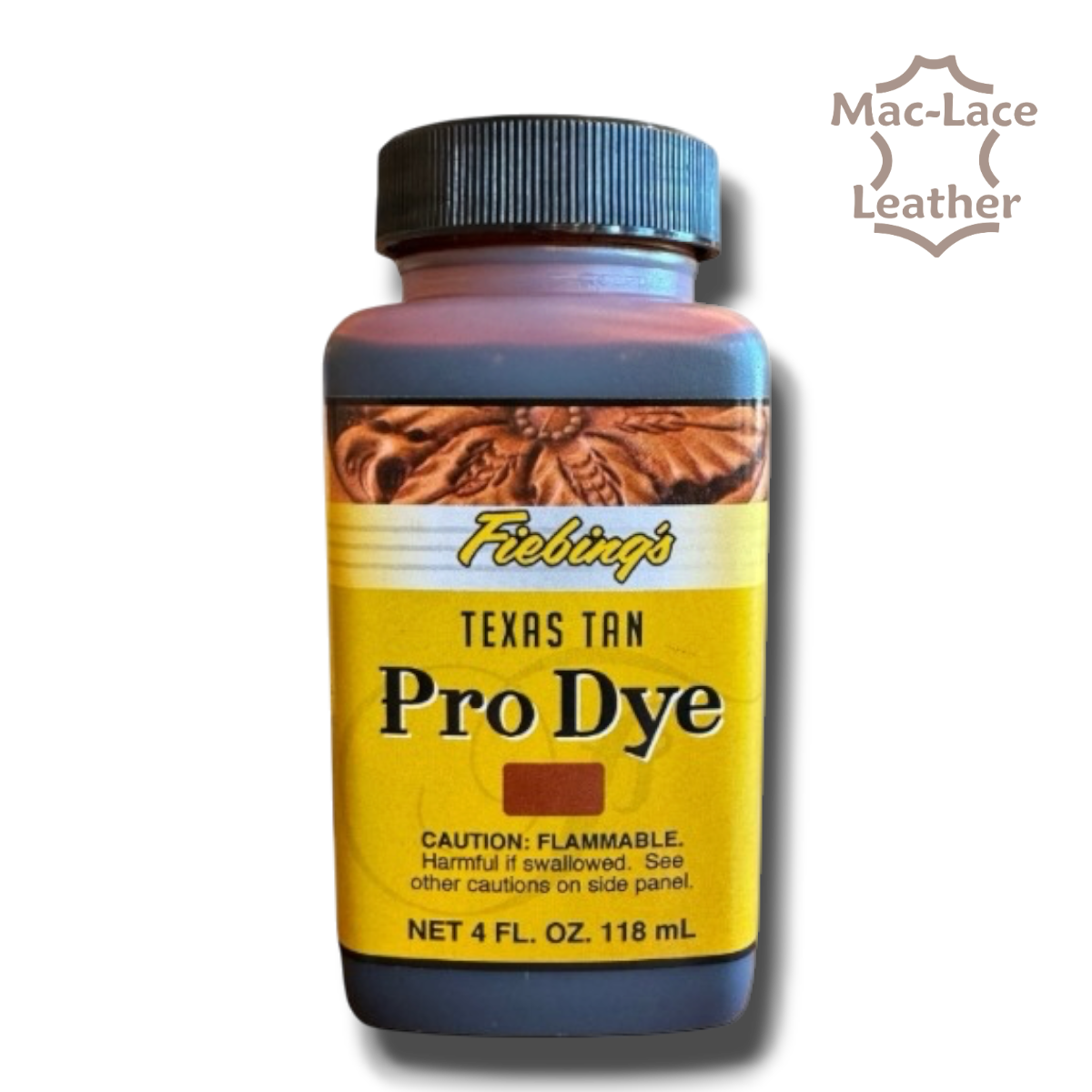 Fiebing’s Texas Tan Pro Dye 118ml bottle with a vegetable-tanned leather swatch showing the warm golden-tan colour finish.