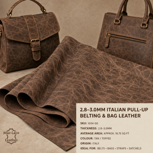 2.8–3.0mm Italian Amalfi Heritage pull-up belting and bag leather in café brown with a distinctive crushed grain.