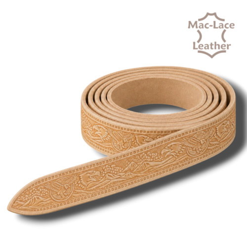 Eagles & Mountains embossed natural vegetable-tanned leather belt blank in a neat coil, available in 32mm and 38mm widths, displayed with leathercraft tools and natural leather.