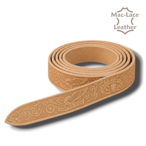 Live to Ride embossed natural vegetable-tanned leather belt blank in 32mm and 38mm widths, displayed with buckles and leathercraft tools.