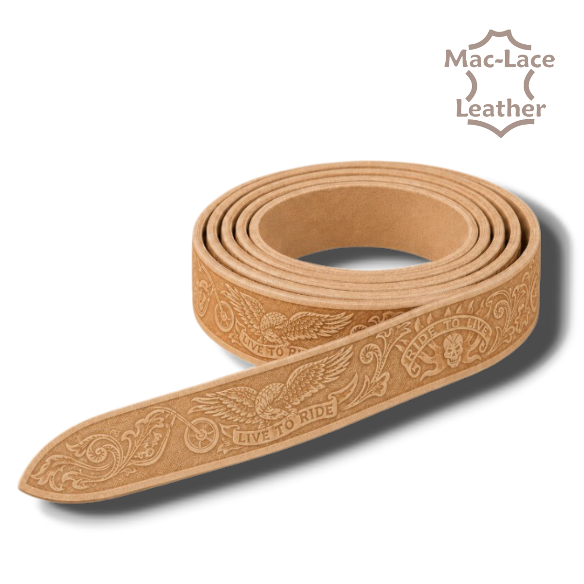 Live to Ride embossed natural vegetable-tanned leather belt blank in 32mm and 38mm widths, displayed with buckles and leathercraft tools.