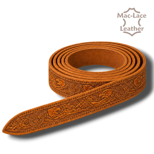 Italian Premium Eagles and Mountains Embossed Cognac Belt Blank in vegetable-tanned leather.