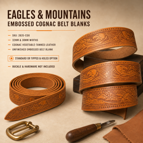 Italian Premium Eagles and Mountains Embossed Cognac Belt Blank in vegetable-tanned leather.