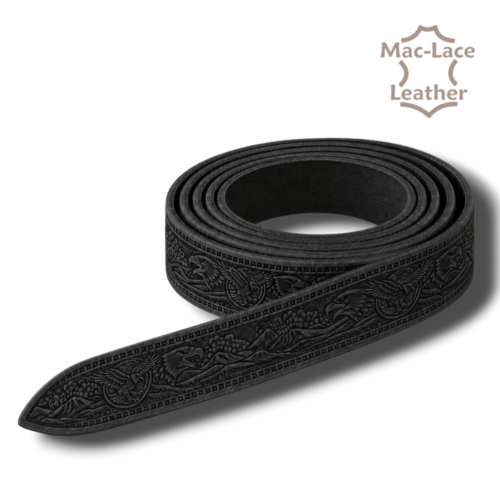 Eagles and Mountains embossed black leather belt blank.