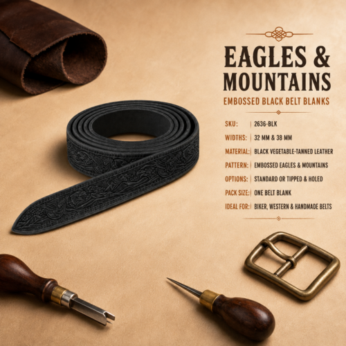 Eagles and Mountains embossed black leather belt blank.