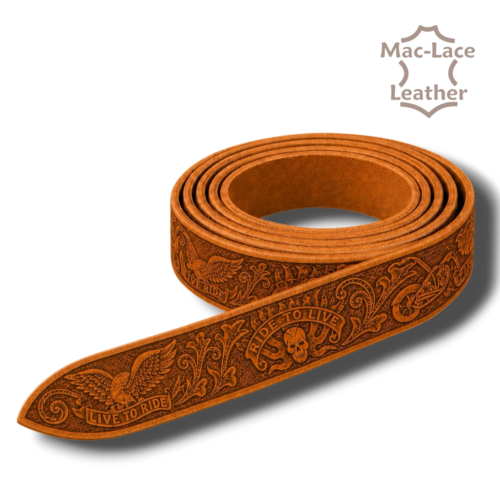 Live to Ride embossed cognac vegetable-tanned leather belt blank in 32mm and 38mm widths.