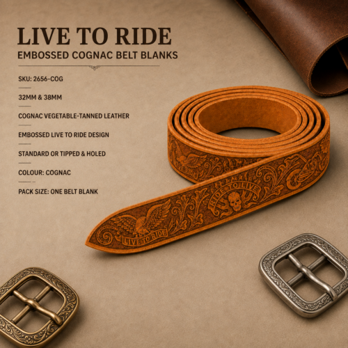 Live to Ride embossed cognac vegetable-tanned leather belt blank in 32mm and 38mm widths.