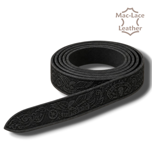 Live to Ride embossed black vegetable-tanned leather belt blank in 32mm and 38mm widths, displayed with buckles and leathercraft tools.