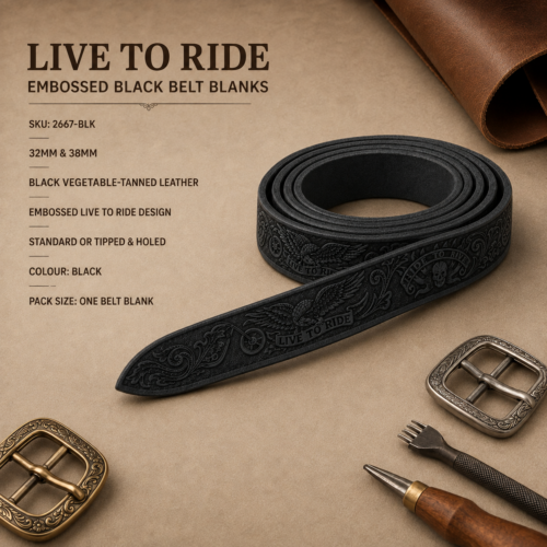 Live to Ride embossed black vegetable-tanned leather belt blank in 32mm and 38mm widths, displayed with buckles and leathercraft tools.