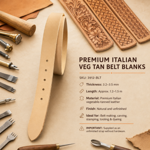 Premium Italian veg tan belt blanks 3.2–3.5mm with embossed leather patterns, leathercraft tools and stamping equipment, SKU 3912-BLT.