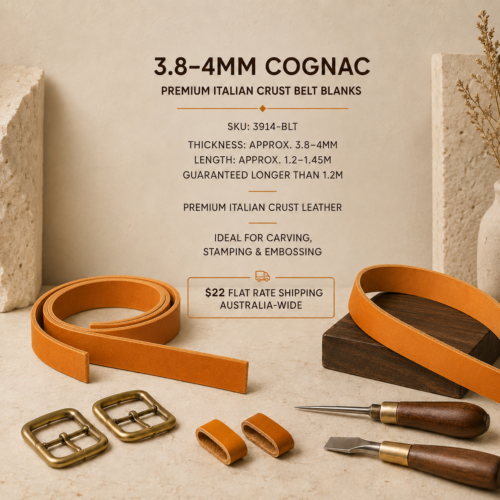 3.8–4mm cognac premium Italian crust leather belt blank strap, suitable for carving, stamping and embossing.