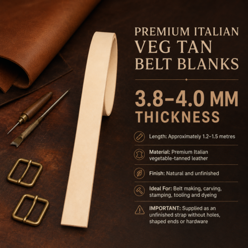 Premium Italian natural veg tan belt blank, 3.8–4.0 mm thick