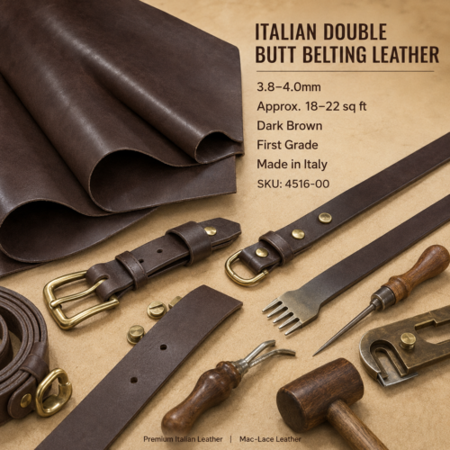 Dark brown Italian double butt belting leather, 3.8–4.0mm thick.