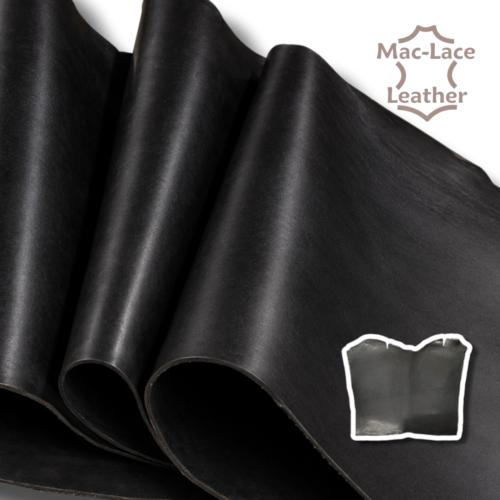 Black Italian double butt belting leather, 3.8–4.0mm thick, shown in its natural full-hide shape.