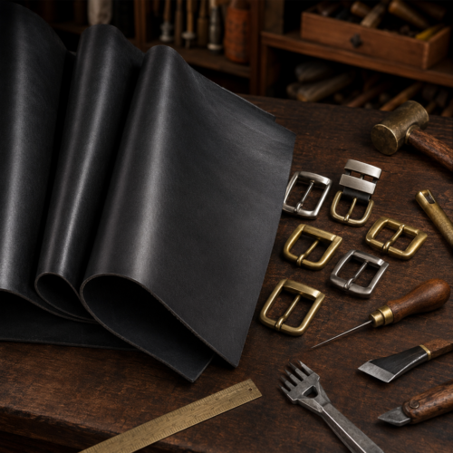 Black Italian double-butt belting leather, 3.8–4.0mm thick, with a smooth natural grain and firm structure.