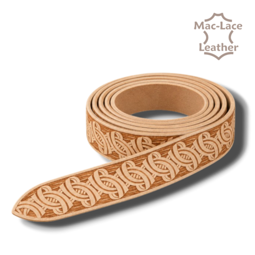 Celtic embossed natural leather belt blanks in 32mm and 38mm widths with leathercraft tools and antique brass buckles.