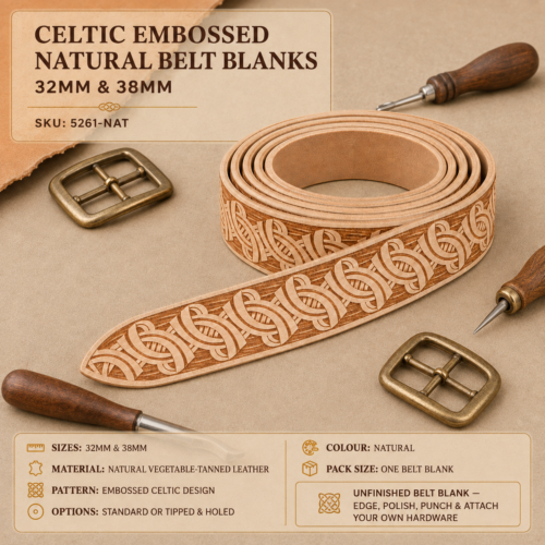 Celtic embossed natural leather belt blanks in 32mm and 38mm widths with leathercraft tools and antique brass buckles.