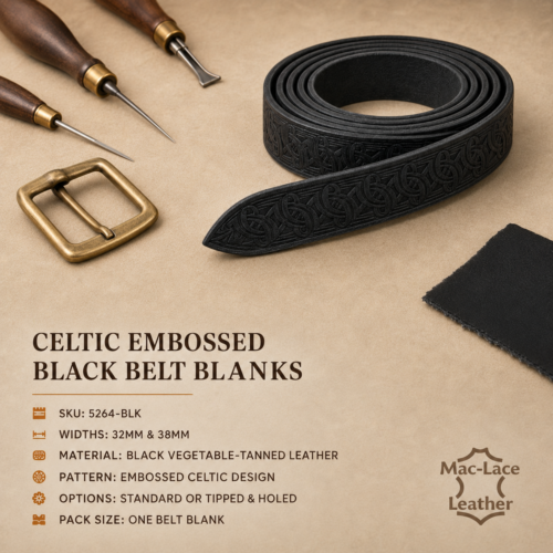 Celtic embossed black vegetable-tanned leather belt blank in 32mm and 38mm widths, displayed with leathercraft tools and an antique-brass buckle.