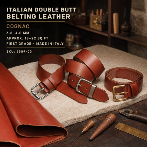 3.8–4.0mm cognac Italian double-butt belting leather, first-grade hide for premium belts, straps and saddlery.