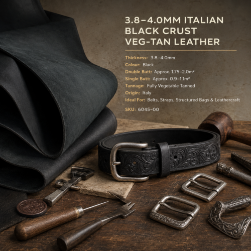 3.8–4.0mm Italian black crust vegetable-tanned leather butt for belts and straps