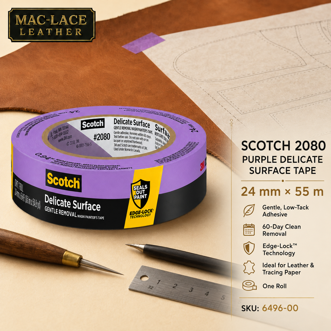 24mm x 55m Scotch 2080 purple delicate-surface tape for securing tracing paper and patterns onto leather.