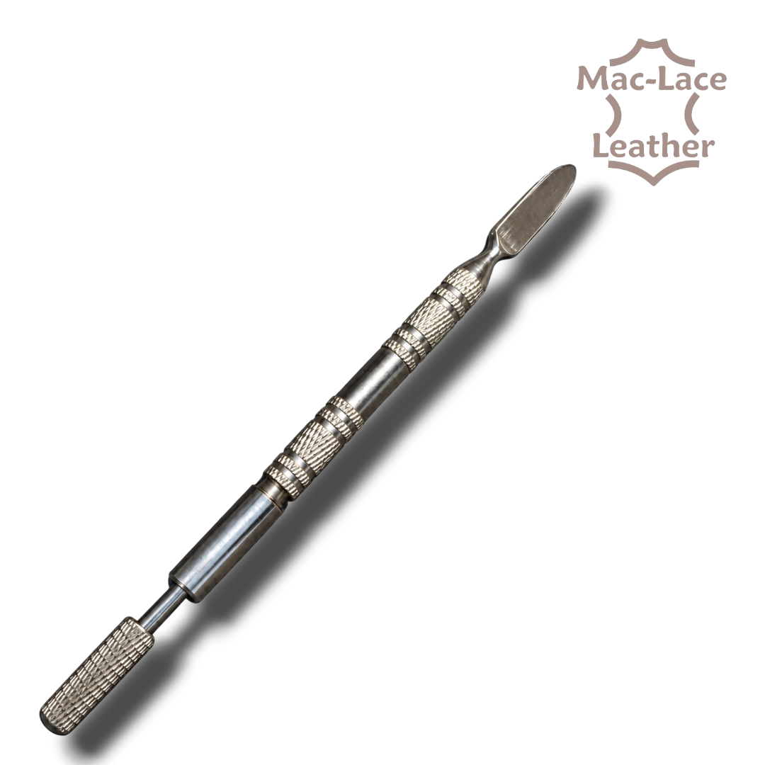 Dual-head leather edge dye pen with stainless steel finish and textured grip