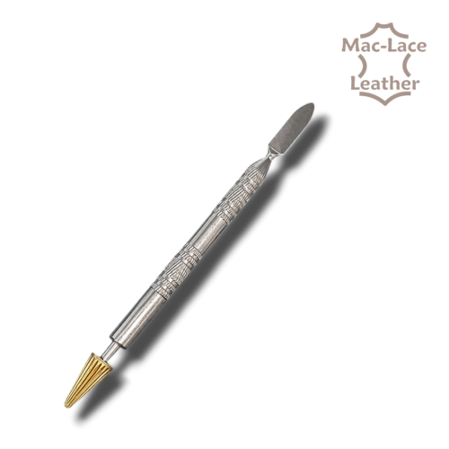 Dual-head stainless steel leather edge dye pen for applying edge paint, dye and oil to leathercraft projects.