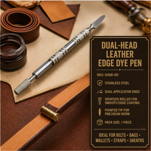 Dual-head leather edge dye pen with stainless steel finish and textured grip