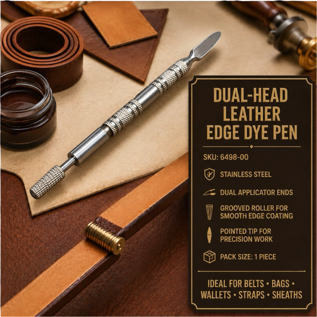 Dual-head leather edge dye pen with stainless steel finish and textured grip