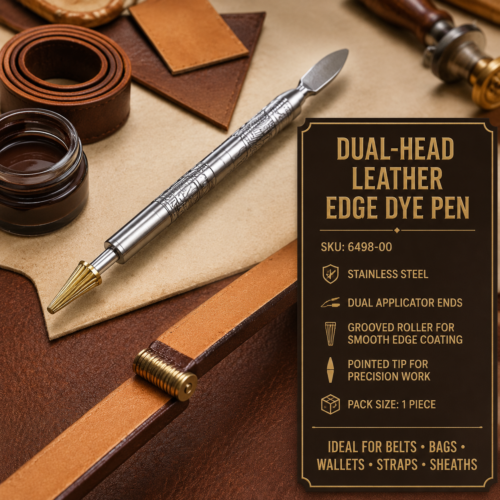 Dual-head stainless steel leather edge dye pen for applying edge paint, dye and oil to leathercraft projects.
