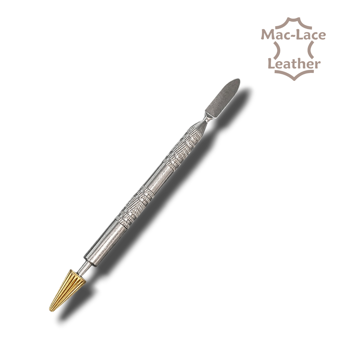 Dual-head stainless steel leather edge dye pen for applying edge paint, dye and oil to leathercraft projects.
