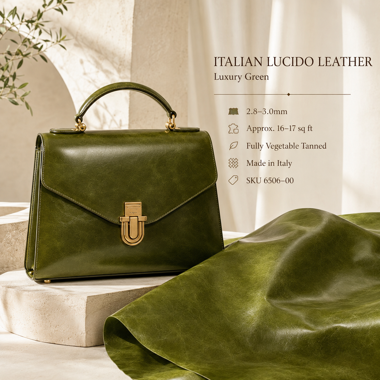 Luxury green Italian Lucido vegetable-tanned leather with high-end handbag, 2.8–3.0mm, SKU 6506-00