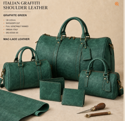 Italian Graffiti shoulder leather in graphite green, fully vegetable tanned and 1.8–2.0mm thick