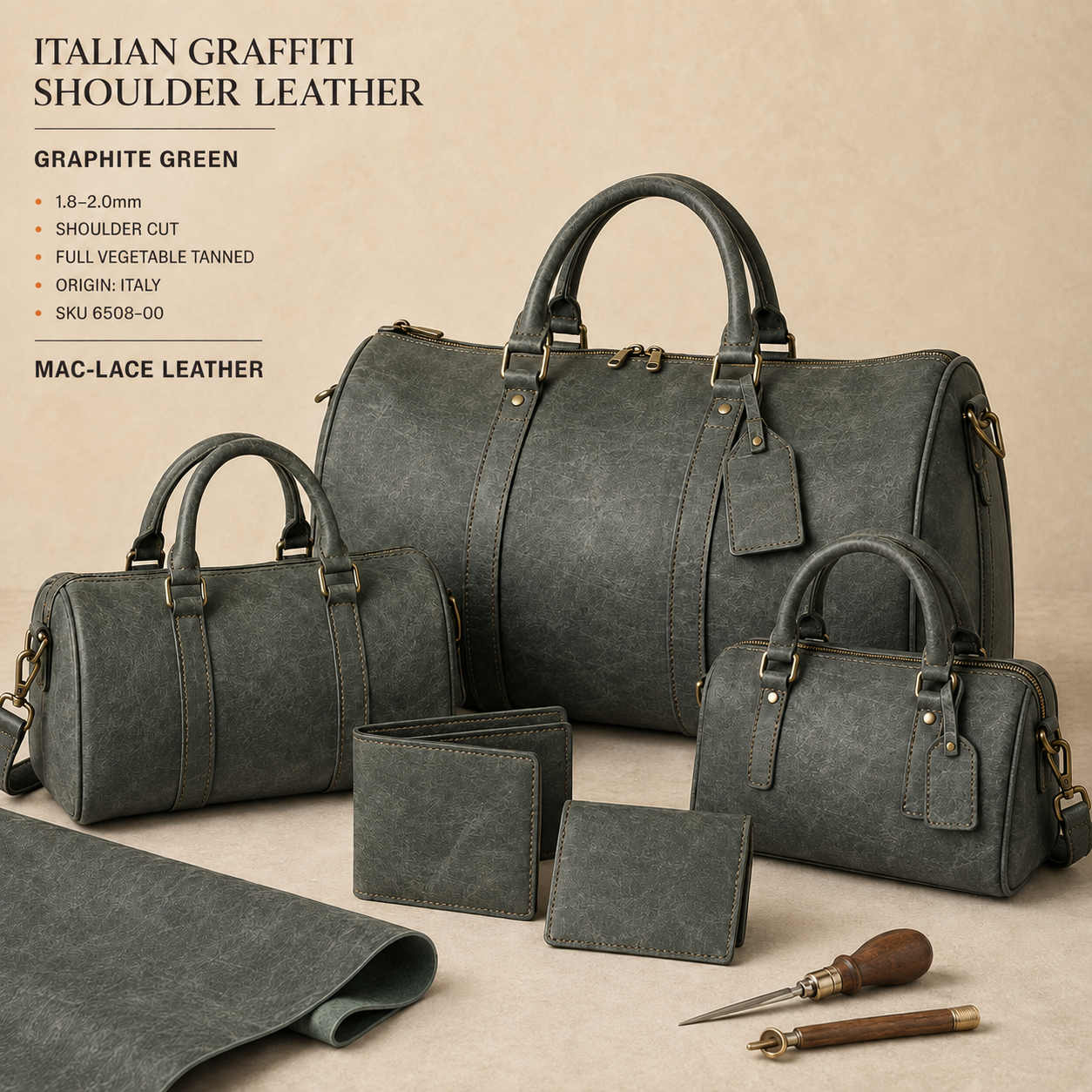 Italian Graffiti shoulder leather in graphite green, fully vegetable tanned and 1.8–2.0mm thick