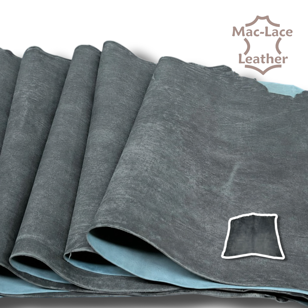 Italian Graffiti full vegetable-tanned leather in graphite green with a distinctive textured, distressed finish.