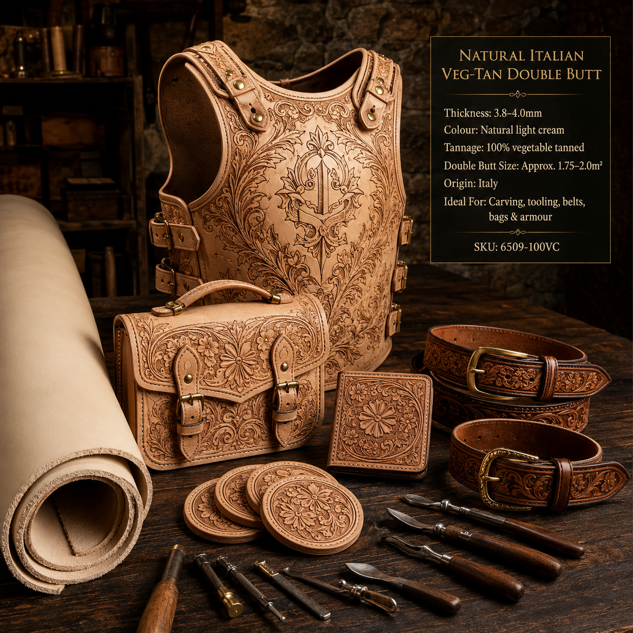 Natural Italian vegetable-tanned double butt leather, 3.8–4.0mm thick.