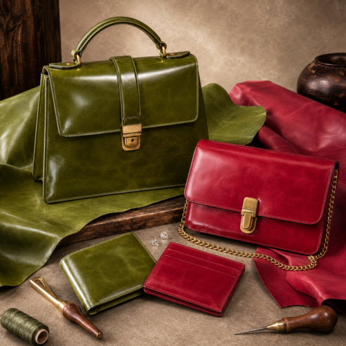 Italian Lucido glossy leather with luxury handbags, wallets and leathercraft tools
