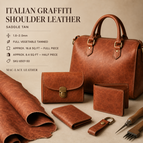 Italian Graffiti shoulder leather in saddle tan, fully vegetable tanned with a distinctive natural grain and textured finish