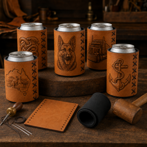 Natural and embossed leather stubby cooler covers with leathercraft tools and neoprene inserts
