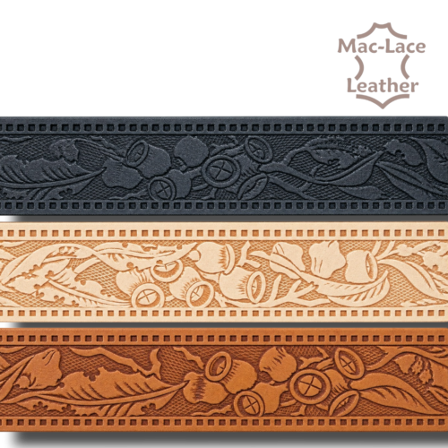 32mm and 38mm embossed Aussie Gumnuts leather belt blanks in Black, Natural and Cognac