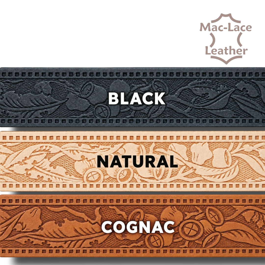 32mm and 38mm embossed Aussie Gumnuts leather belt blanks in Black, Natural and Cognac