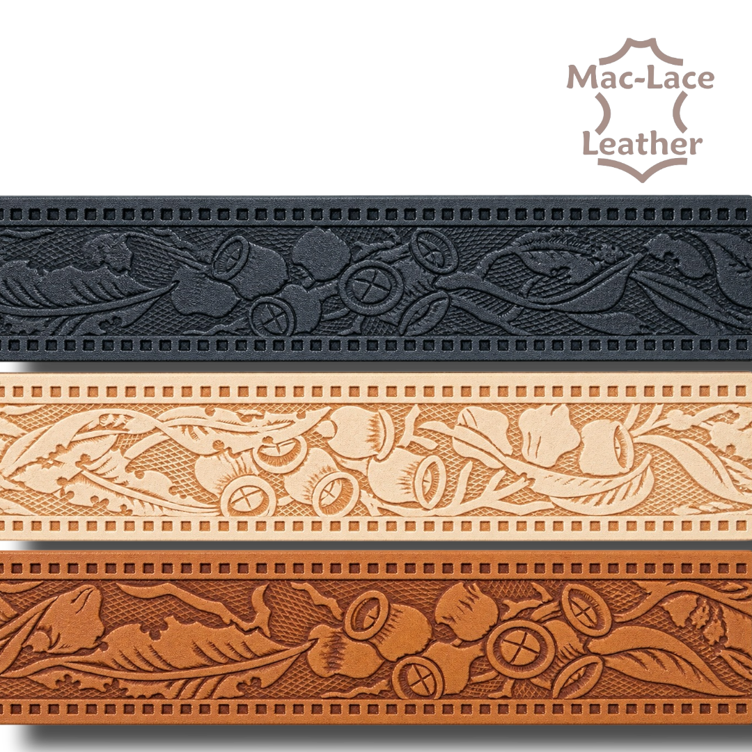 32mm and 38mm embossed Aussie Gumnuts leather belt blanks in Black, Natural and Cognac