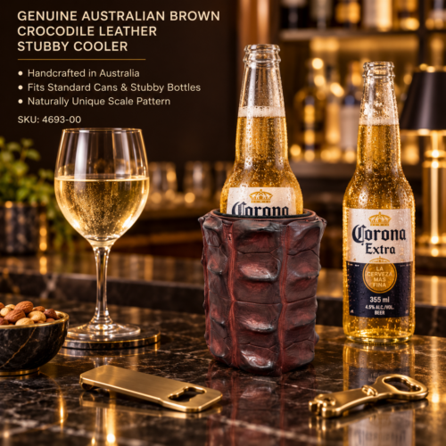 Genuine Australian brown crocodile leather stubby cooler